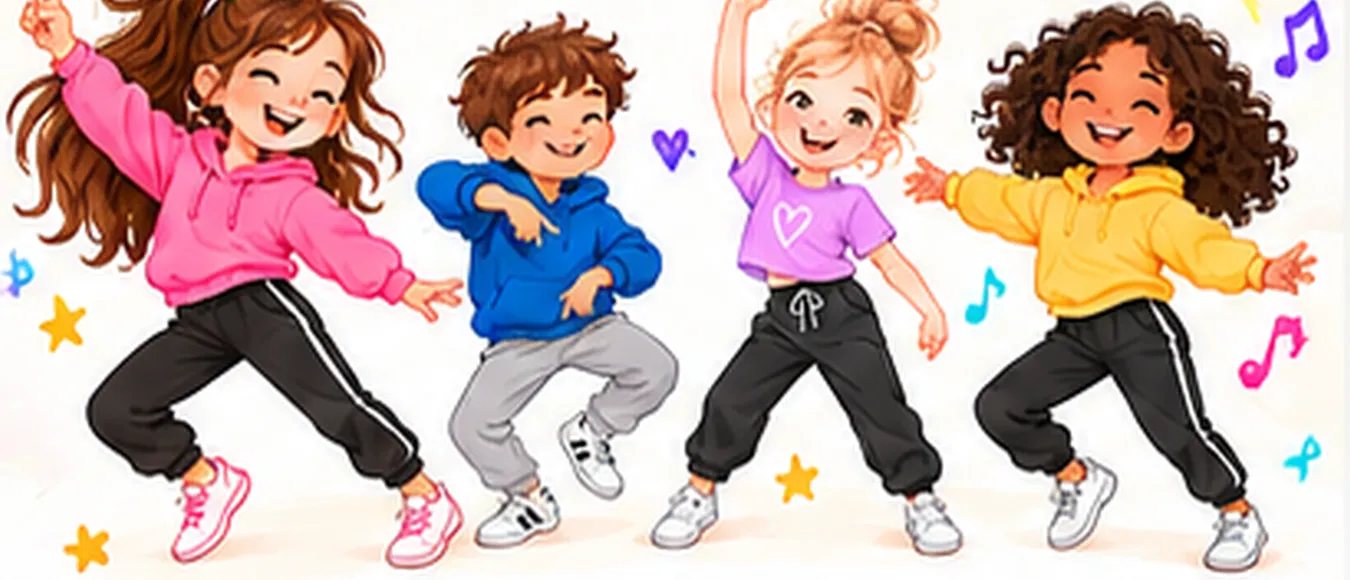 Illustration: vier fröhliche Kinder tanzen in bunten Hoodies und Jogginghosen